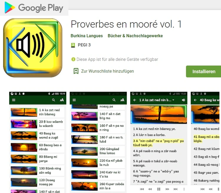 Proverbes mooré sur Google Play Store pour smartphone Android